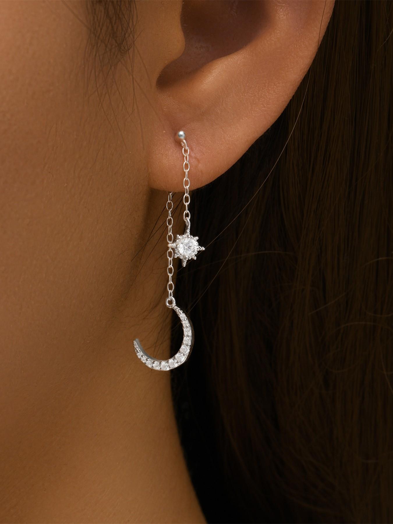 1Pair 925 Sterling Silver Classic Stars And Moon Cubic Zirconia Stud Earrings Hypoallergenic Cartilage Helix Tragus Lobe Piercing Jewelry Suitable For Women For Daily, Dates, Vacation, Wedding, Party, Holiday Gift