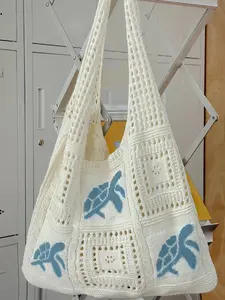 Boho Handmade Crochet Bag, Reusable Mesh Shopping Tote with Turtle Design for Summer Vacation Casual White Crochet Market Bag, Hollow Out Woven Shoulder Bag for Beach & Daily Use