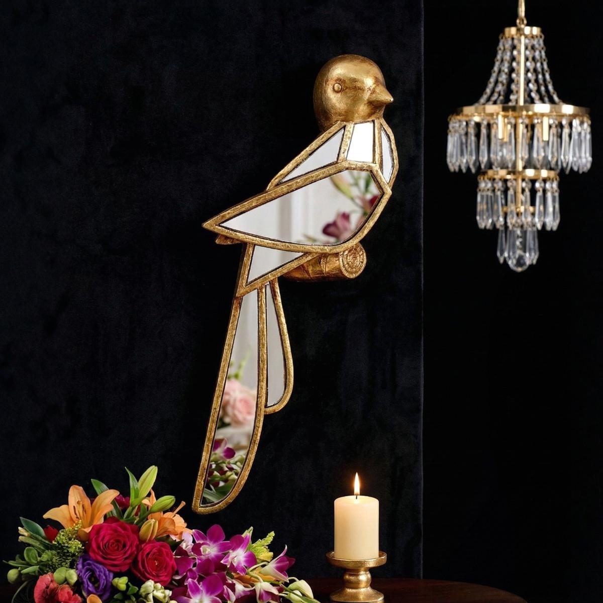 Creative Resin Gold Sparrow Wall Hanging, Mirror Embedded Design, Bird Lovers Collectible, Home Party Animal Museum Decor