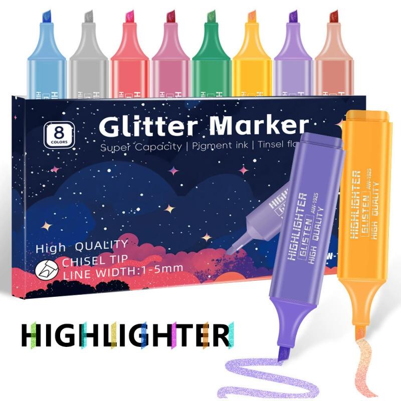Glitter Highlighters Set 8Pack Subtle Colors with Chisel Tips, Flexible Line Width and Smudge-Proof Water-Based Ink for Sparkling Note-Taking,Cute Markers Pen Highlighter