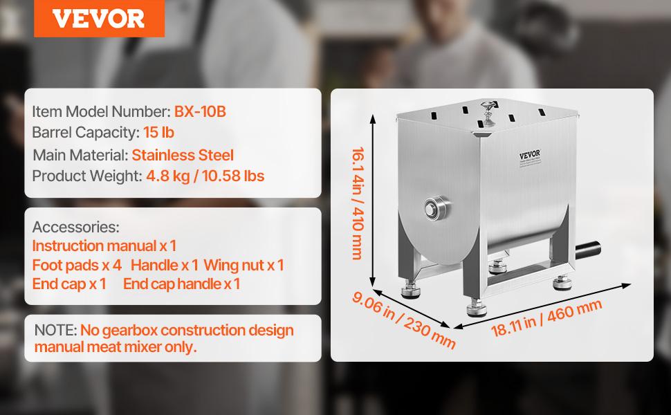 VEVOR Manual Meat Mixer, 15L Fixed Tank Meat Processing Equipment(Mixing Maximum 15LBS for Meat), Stainless Steel Meat Mixer, Sausage Mixer Machine with Lid and Handle, Ground Beef Hand Mixer