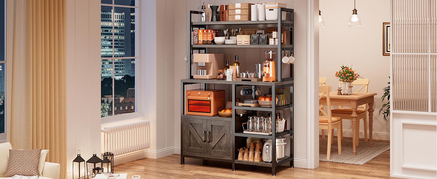 Raybee Furniture Bakers Rack for Kitchen with Power Outlet, 6-Tier Microwave Stand with Storage Cabinet, Farmhouse Kitchen Coffee Bar with Side Hooks, Utility Shelf for Kitchen