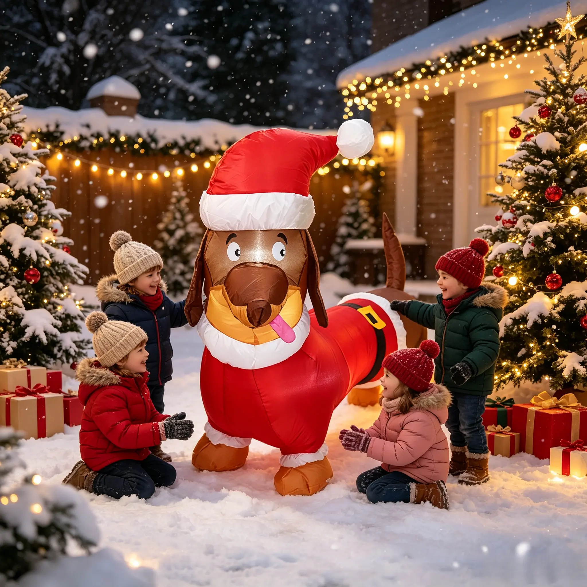 Giant Christmas Inflatable Wiener Dog with Santa Outfit, LED Light Up Xmas Decor, Large Size Indoor Outdoor Yard Garden Holiday Decoration for Family Kids Party