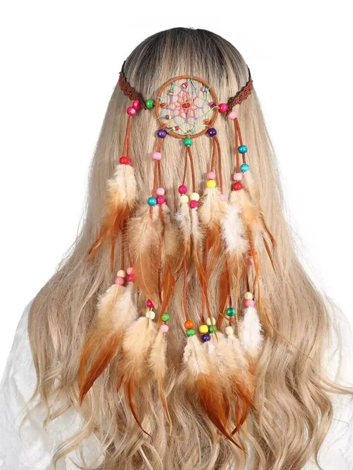 Boho Feather Headband, Indian Gypsy Hair Accessory, Feathers, Adjustable Beaded Rope, Women and Girls Hippie Style