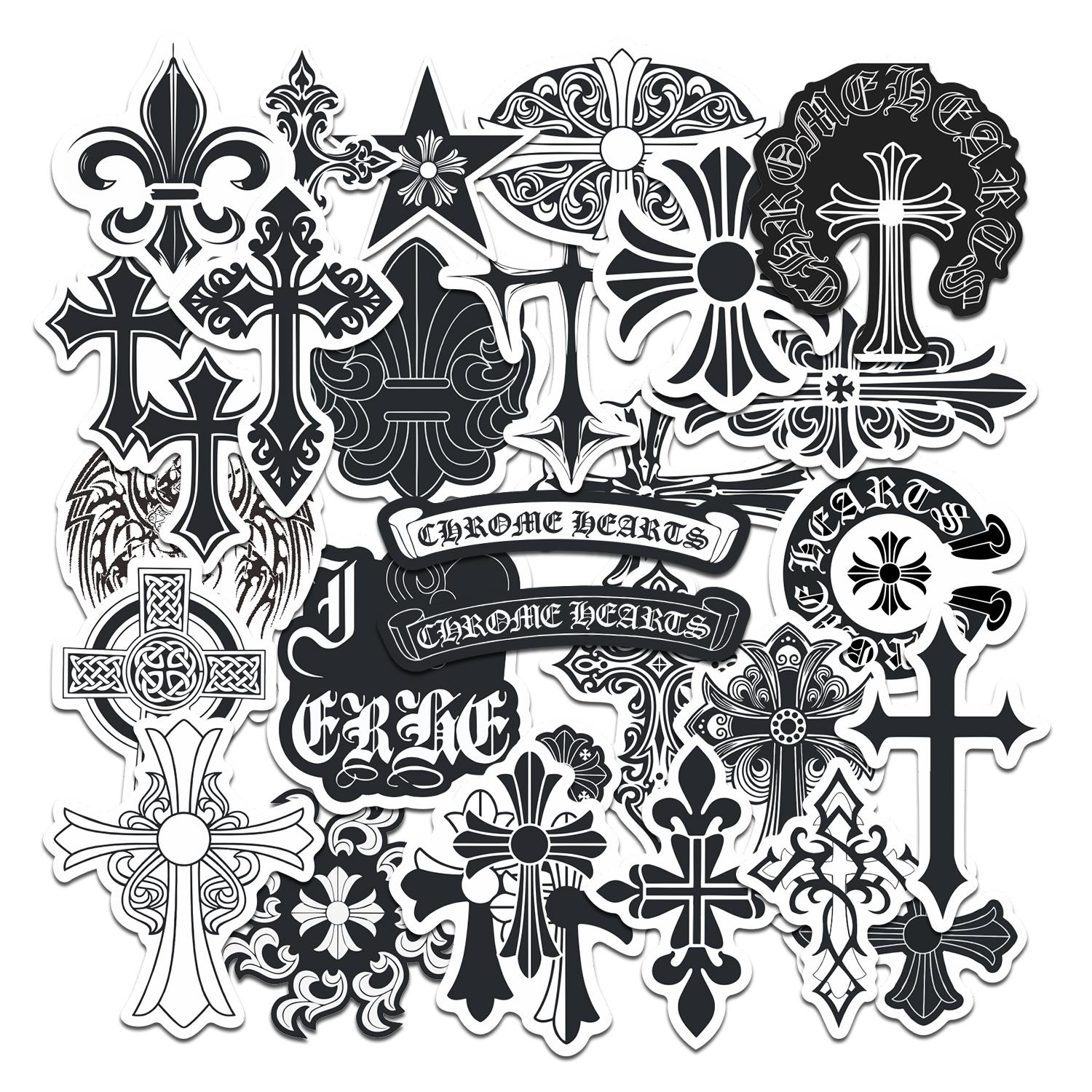 28pcs Chrome Hearts Gothic Cross Stickers Pack, Waterproof Black