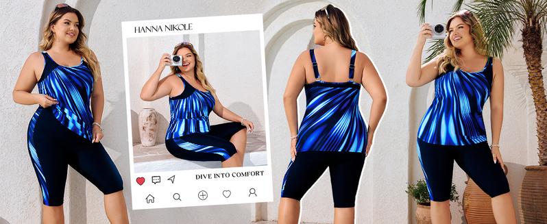 【12-28W】Hanna Nikole Plus Size Two-Piece Swimsuit Women's Sun Protection Knee-Length Swim Shorts Tummy Control Outdoor Swimsuit Tankinis Set Outdoorfun