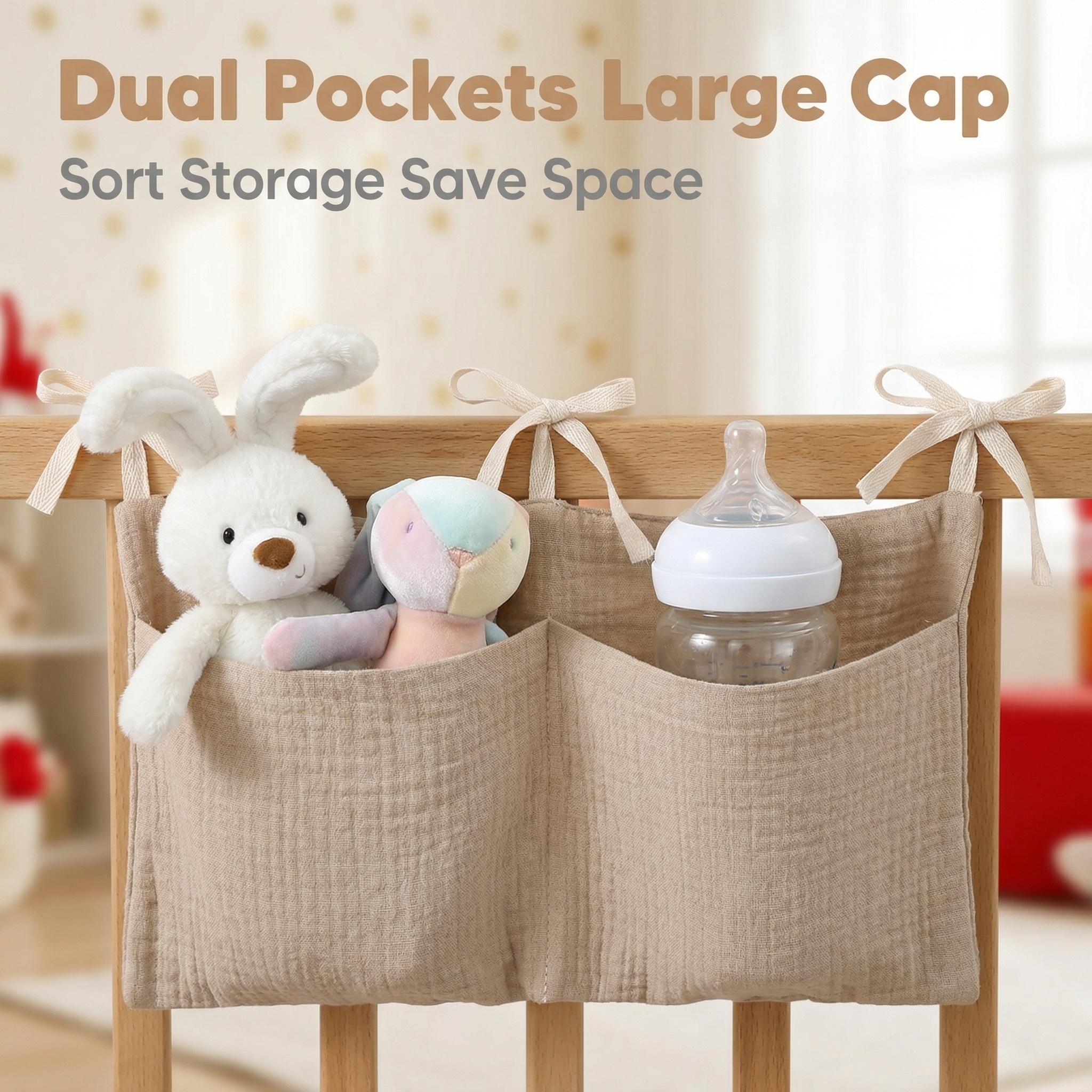Baby Bed Hanging Bag, Soft Fabric 40x20cm, Toy Bottle Night Feeding Storage, Linen Organizer for Bedtime Toys, Universal Cord Fastening