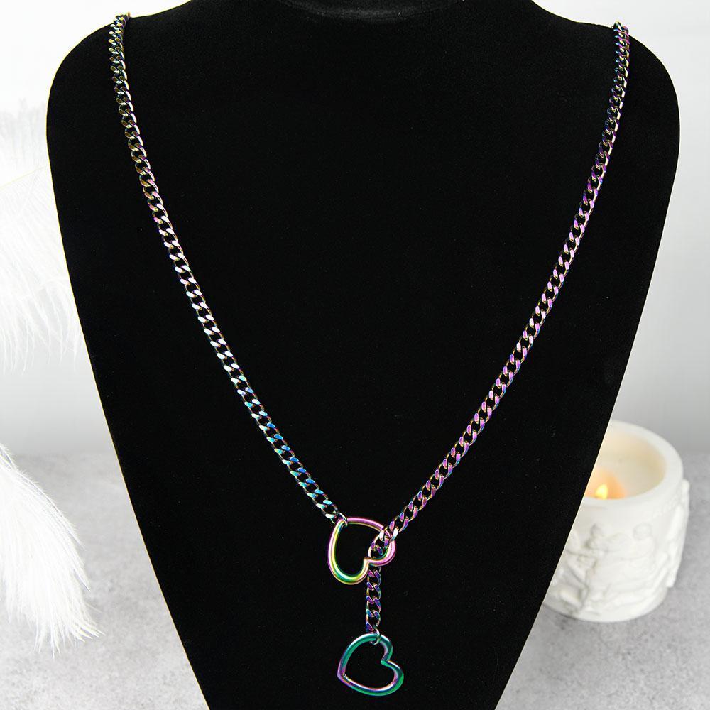 Heart & O Shape Slider Chain Necklace for Women, Punk Rock Style Cuban Link Long Y Lariat Necklace, Adjustable Sliding Design, Unique Elegant Jewelry, Perfect for Daily Wear & Gift Giving