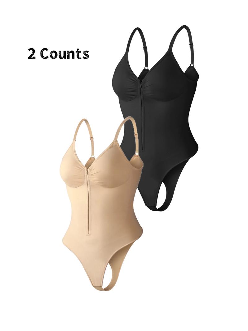 Women's Seamless Shapewear Bodysuit, Front Zipper Design, Tummy Control Thong Style, All Seasons Wearable, Comfortable Fit, Seamless Compression Body