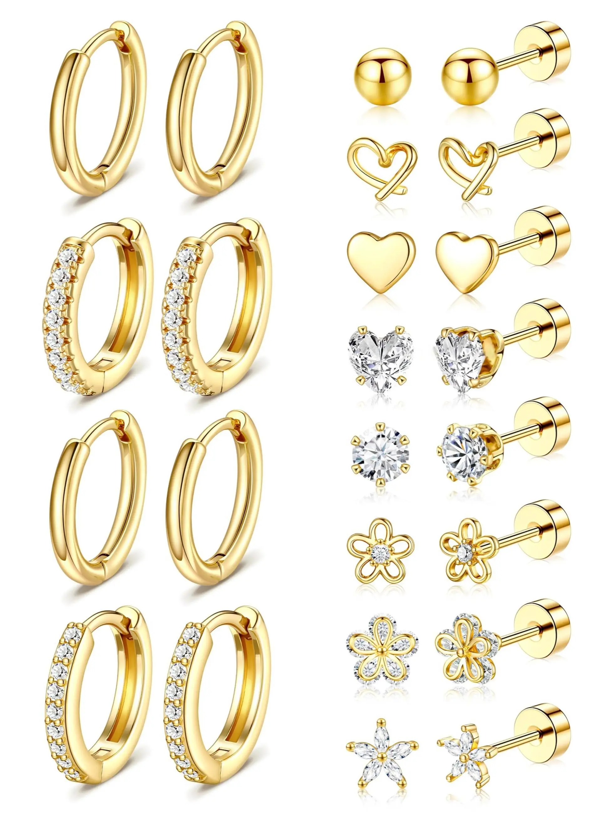 1 set of hypoallergenic women's gold stud earrings, Earring stacking set - 14k gold-plated surgical stainless steel flat-back earrings set with Huggie hoops,4-12 pair set in gold/silver, suitable for sensitive ears with screw-back disk piercing jewelry