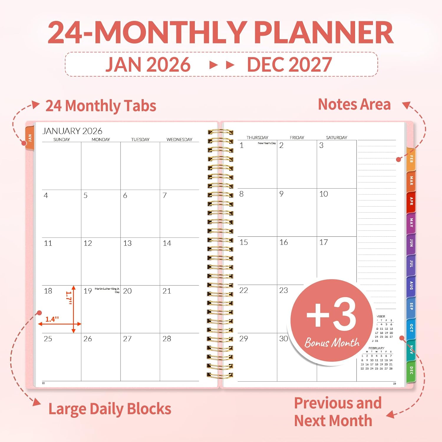 2-Year Planner 2026-2027 - 24 Months (Jan 2026-Dec 2027), 7"x10" Monthly Spreads, Yearly Views, Bonus Pages, Project Sched., Rainbow Tabs - Office Stationery Personal Organiser, Calendar Planner, Desktop Appointment Books & Planners