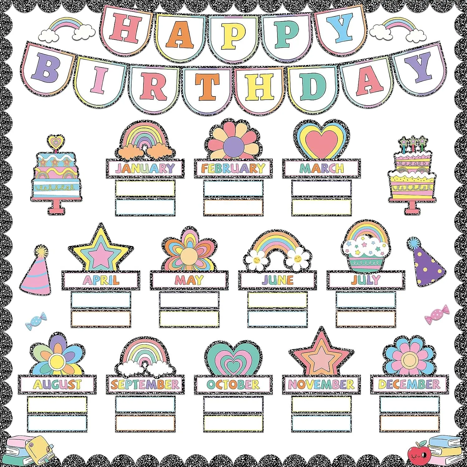 Birthday Bulletin Board Set Composition Notebook Classroom Decorations Name Tags Birthday Chart Bulletin Board Pastel Rainbow Cutouts  to School Decor for Girl Style Chalkboard Wall Door Decor
