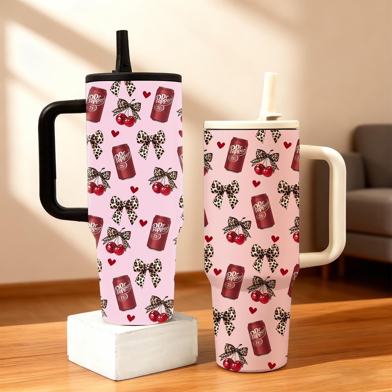 Siphalo 40oz Vacuum Cup with Handle & Straw, Double-Wall Stainless Steel Insulated Tumbler, Tumbler with Lid, Leak-Proof Thermal Mug That Keeps Drinks Hot for 12 Hours & Cold for 24 Hours, Cherry Soda Heart Pattern, Valentine's Day & Birthday Gift