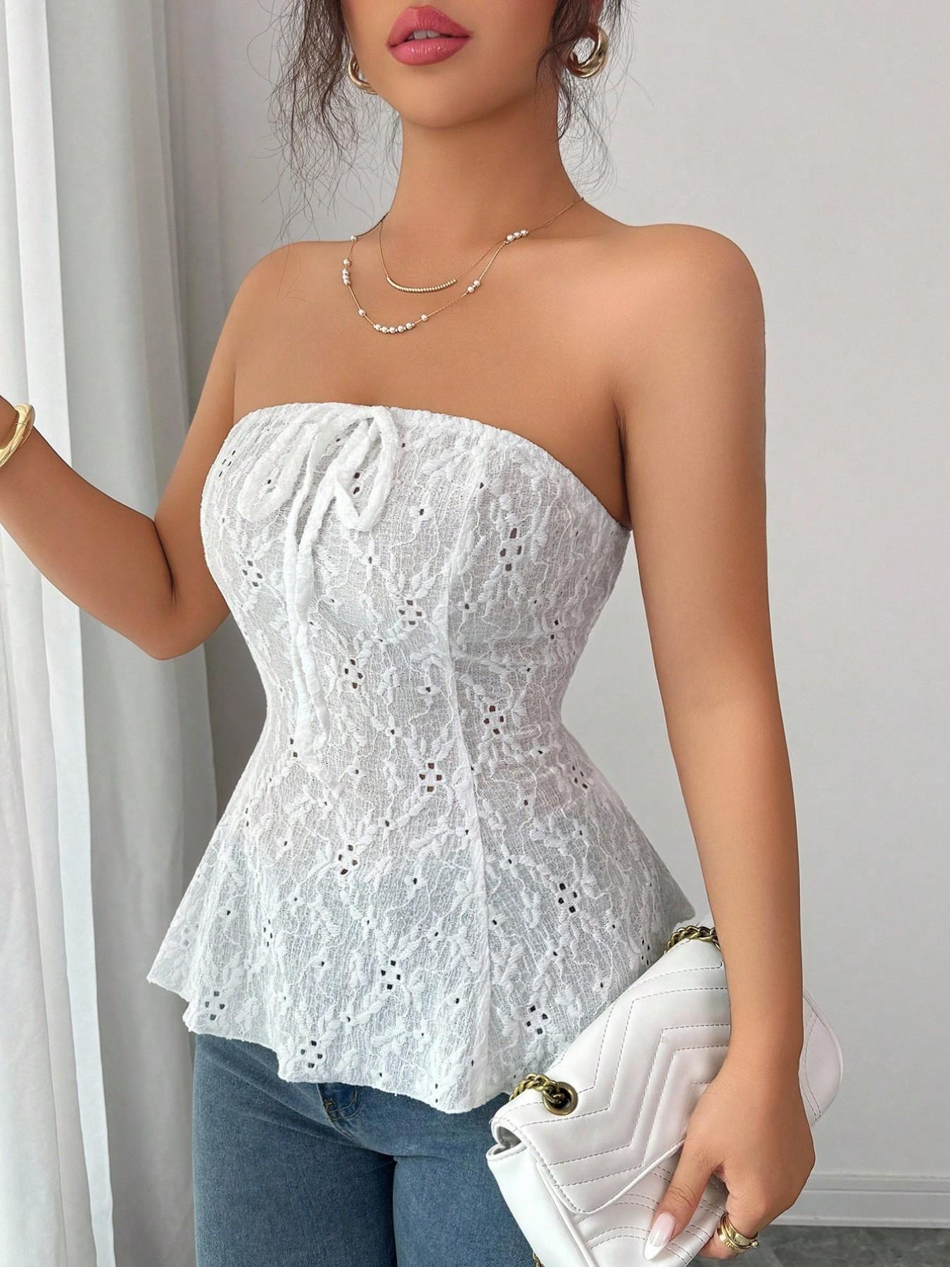 Elegant French-Style Chic Mesh Crop Top for Women, Sweet Ribbon Bow Hollow Out Slim Fit Tank Camis, Summer Beach Vacation Look, High Elasticity One-Shoulder Short Shirt
