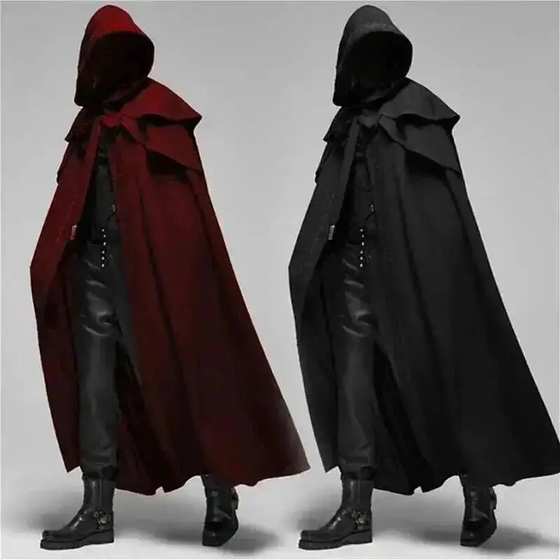 Medieval Vintage Hooded Loose Black Cloak Coats Windproof Trench Chic Winter Long Cape Poncho Gothic Mens Monk Cosplay