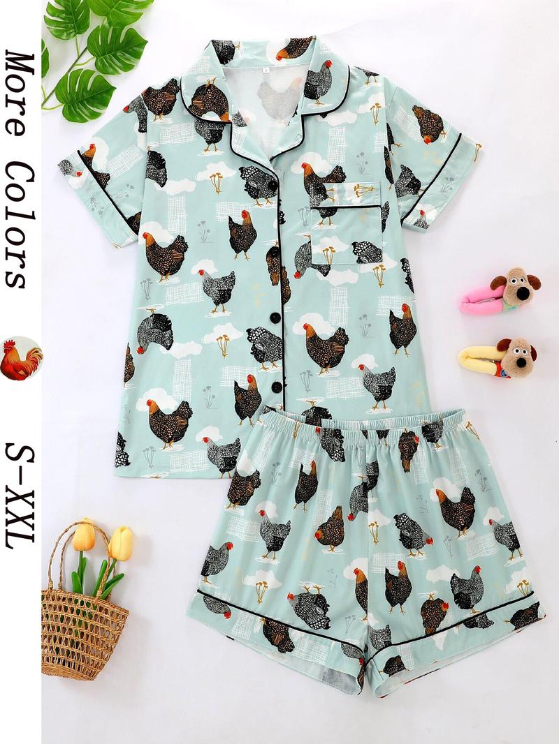Women's Summer Cool Short Sleeve Sleepwear Set, 2 Piece Button Front Top and Elastic Shorts, Cartoon Chicken Print, All Seasons Comfortable Fit