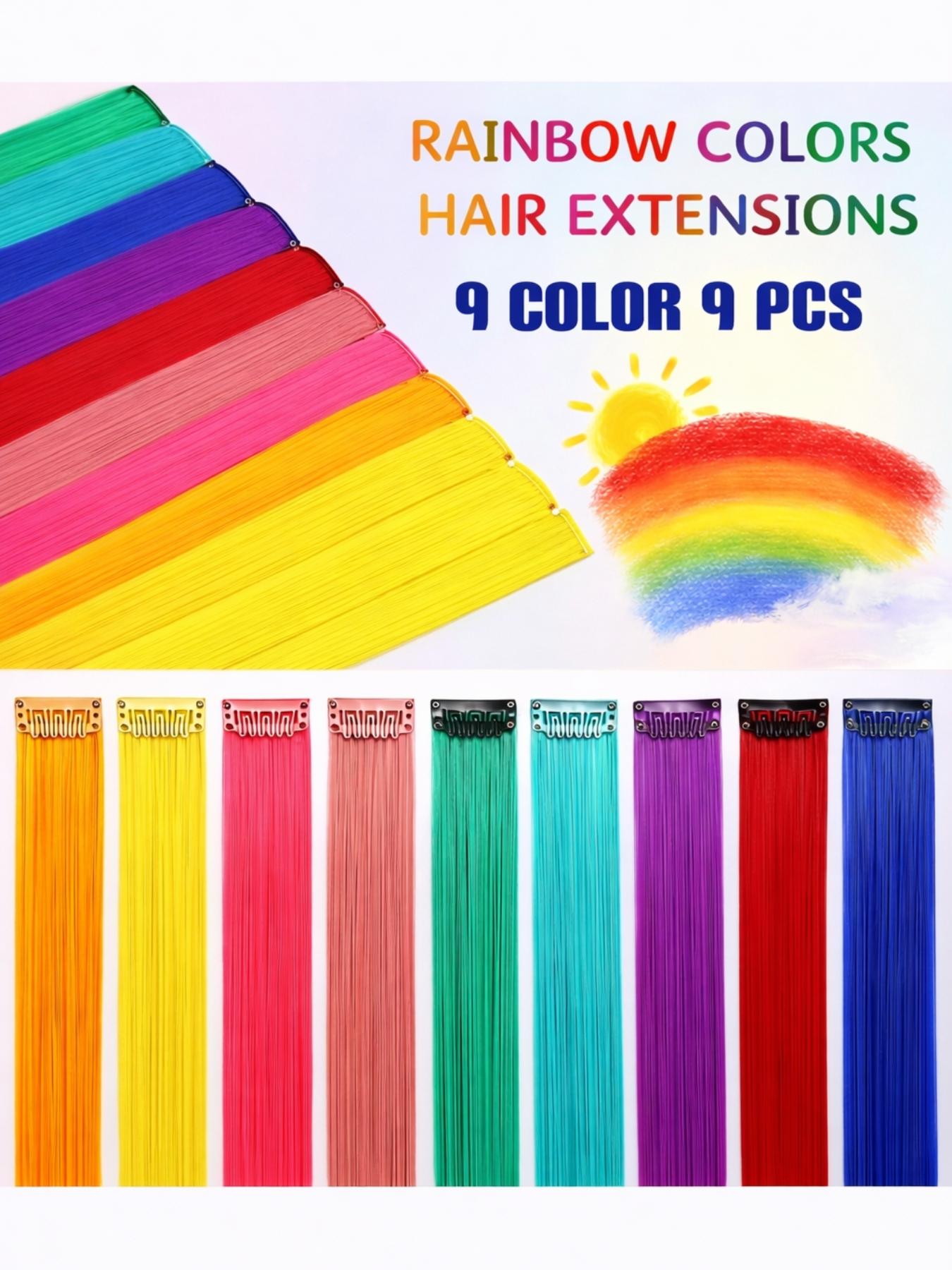 Rainbow Clip-In Hair Extensions, Colorful Hair Streaks for Girls & Teens, Instant Highlight Hair Pieces for School, Parties & Dress Up