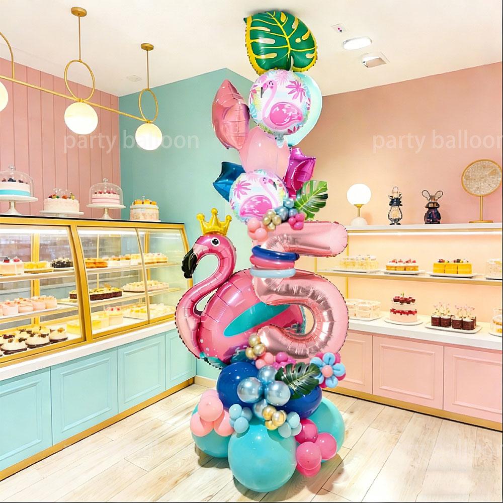 Hawaiian Flamingo Birthday Party Decor Set, Maroon Latex Balloons, Rose Gold Numbers, Outdoor Picnic, Pool Party, Cafe Decoration