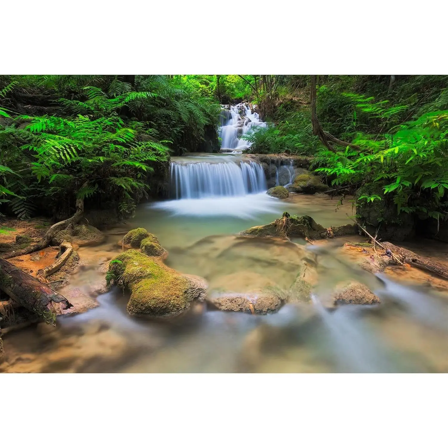 Green Jungle Rainforest Waterfall Aquarium Background Vinyl Backdrop Wallpaper Poster 36x24in for Fish Tank Terrarium with Tranquil Stream Rocks