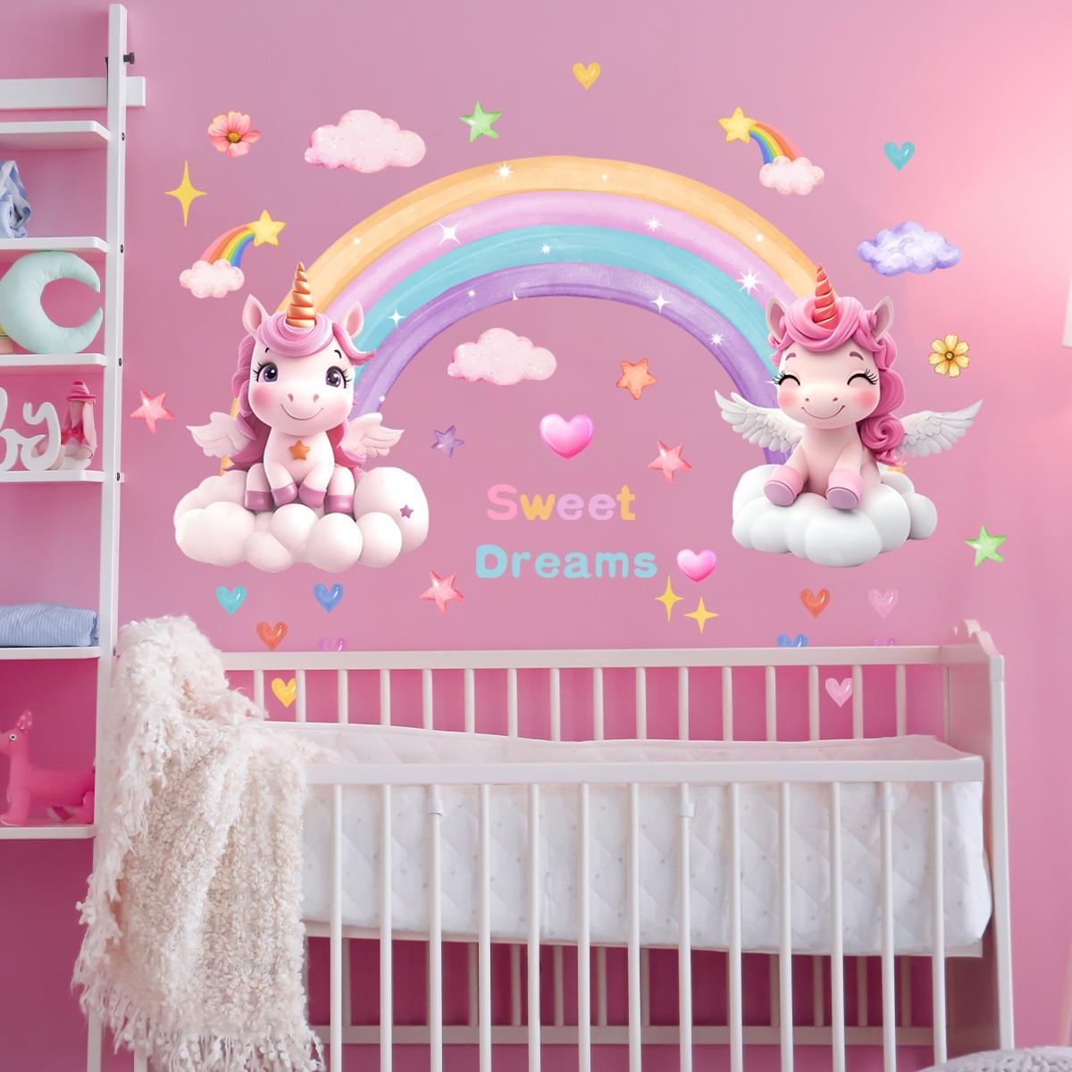 Rainbow Cloud Unicorn Wall Decals Set, 2 Sheets (30x90cm), Home Decor for Living Room & Bedroom, Easy-Remove Wallpaper Stickers