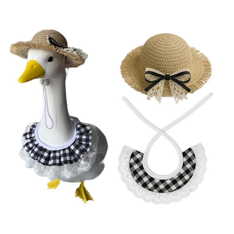 Porch Decor Goose Summer Two-Piece Decorative Outfit — Straw Hat & Lace Plaid Scarf — Suitable for 23-Inch Lawn Decor Geese (Garden & Yard Decoration)
