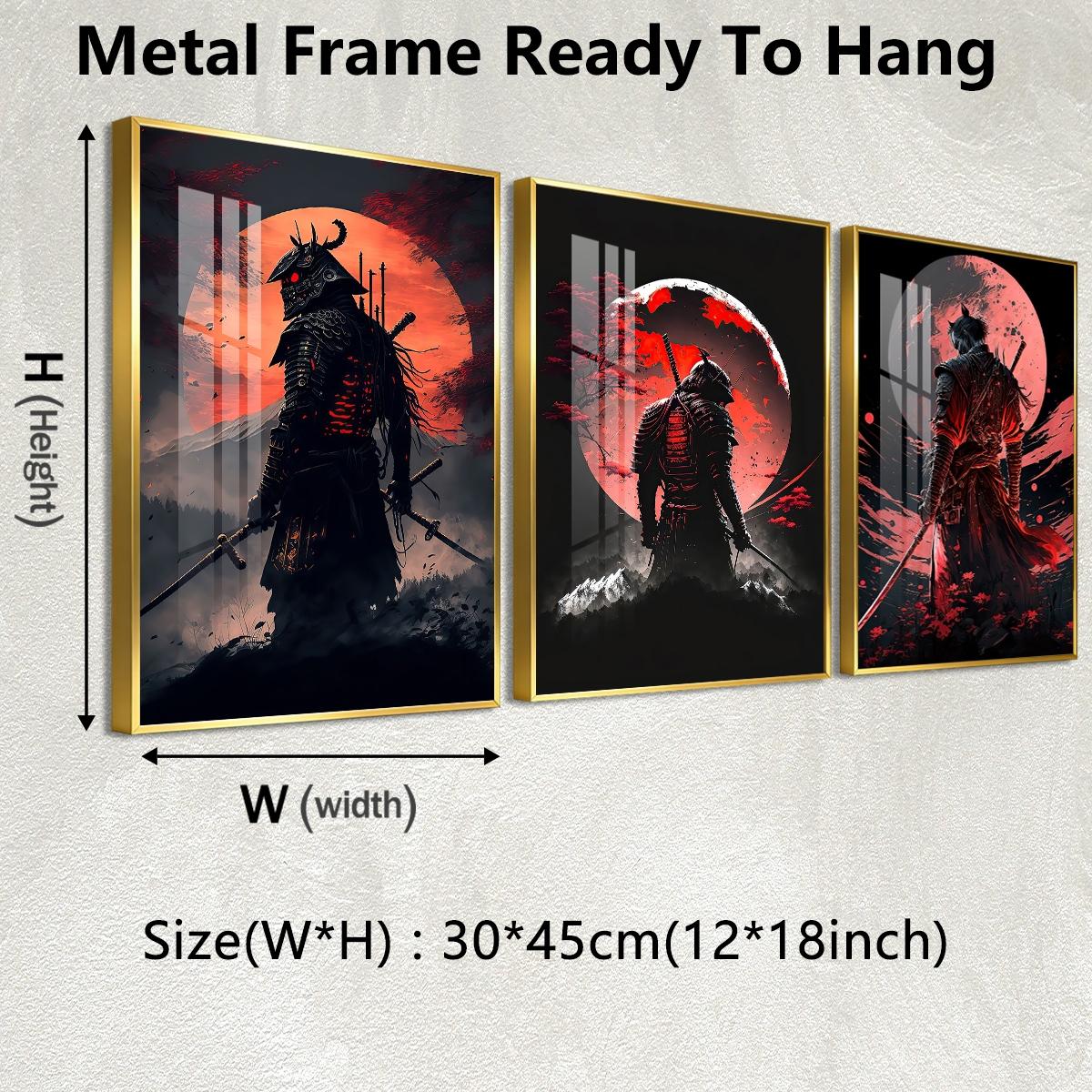 3 Counts Aluminum Alloy Framed Painting, Samurai Warriors Under Red Moon Artwork, Home Decoration For Living Room, Bedroom, Office, Restaurant, Hallway Wall Decor, Odorless Print Artwork, Luxury Perfect Gift For Friends And Family