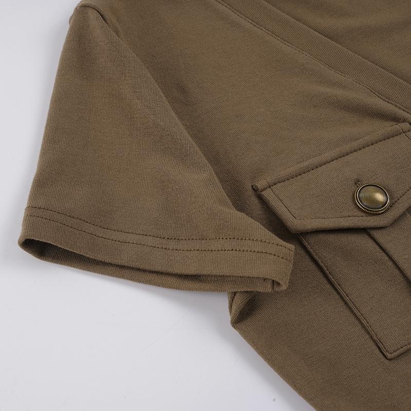 Women's Sexy V-Neck Low Back Pocket T-Shirt, Retro Minimalist Casual Short Sleeve Summer Top, Daily Wear Upper Garment