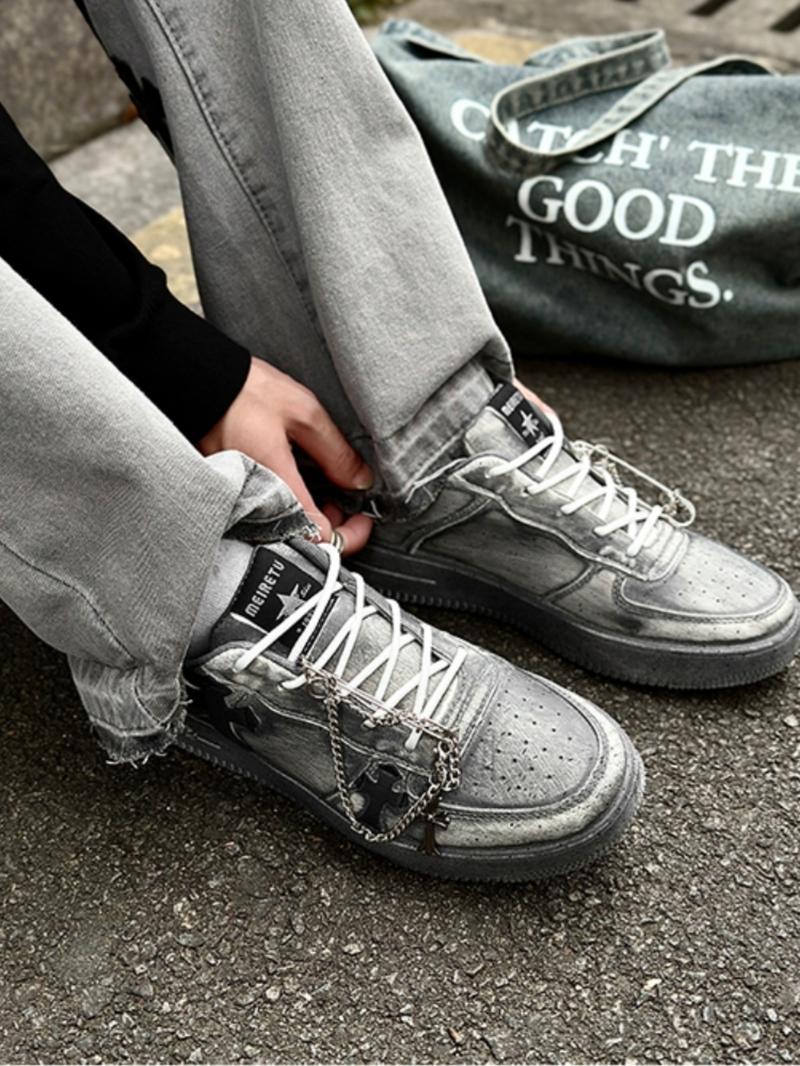 Men's Vintage Metal Chain Cross Sneakers,Size Up by One Size Recommended， Trendy Comfortable Versatile Dark Style, Perfect for Daily and Fashion Scenes
