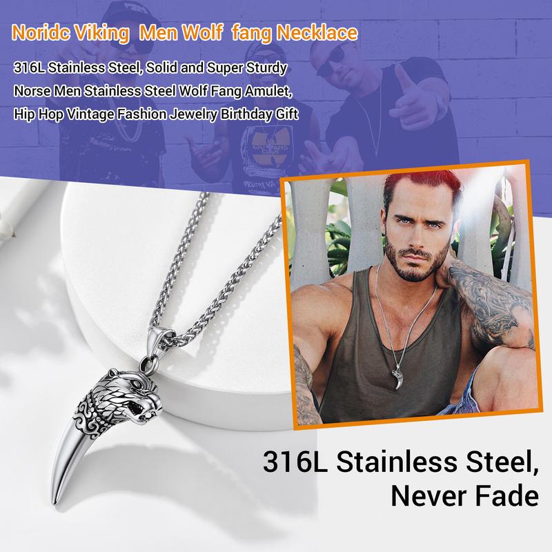 PROSTEEL Wolf Tooth Pendant Necklace Stainless Steel Vintage Punk Goth Viking Chain Necklaces Unique Design Jewelry Unisex For Men Women with Gift Box