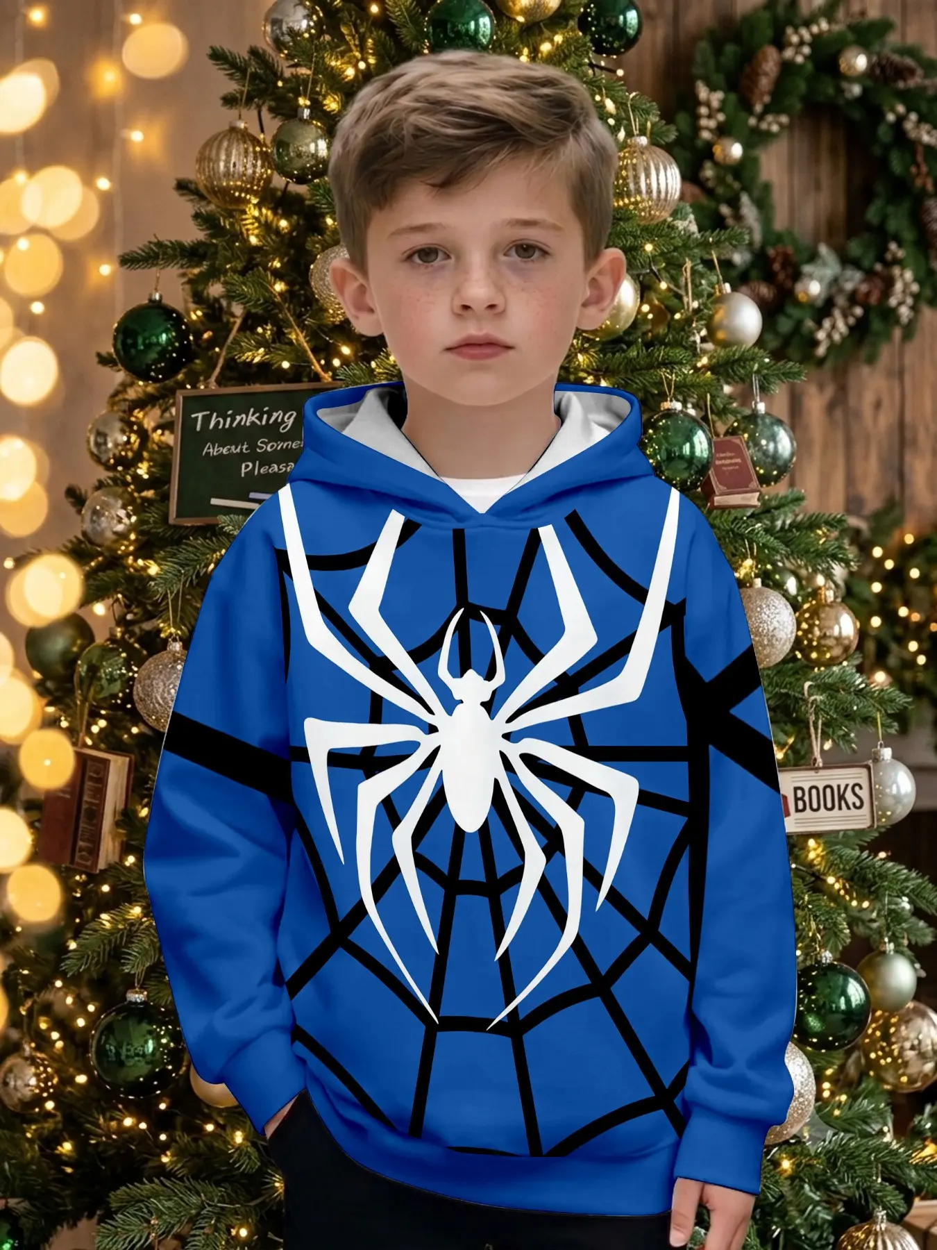 Boys' Blue Base Spider Web Print Hoodie, Long Sleeve Casual Fitted Top, Fall & Winter Outdoor Wear, Christmas Gift