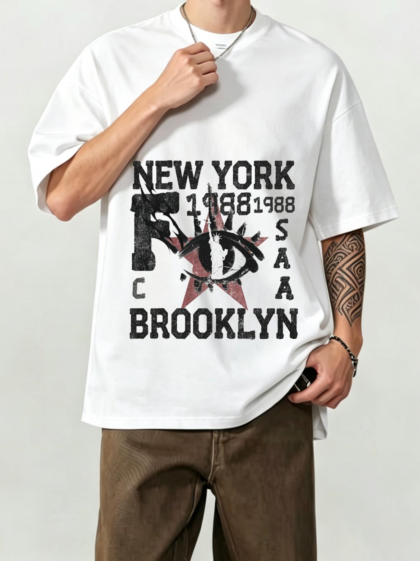 American Vintage New York Brooklyn Distressed Print Short Sleeve T-Shirt, High Street Fashion Loose Fit Drop Shoulder Unisex Top
