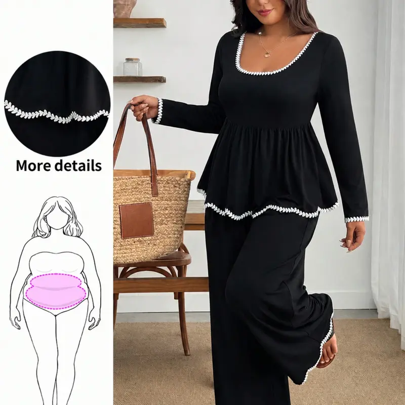 Plus-Size Women's Two-Piece Set, Elegant Ruffle Top with Lace-Trim Sleeves, Loose Pants, Figure-Flattering Fit for Fall