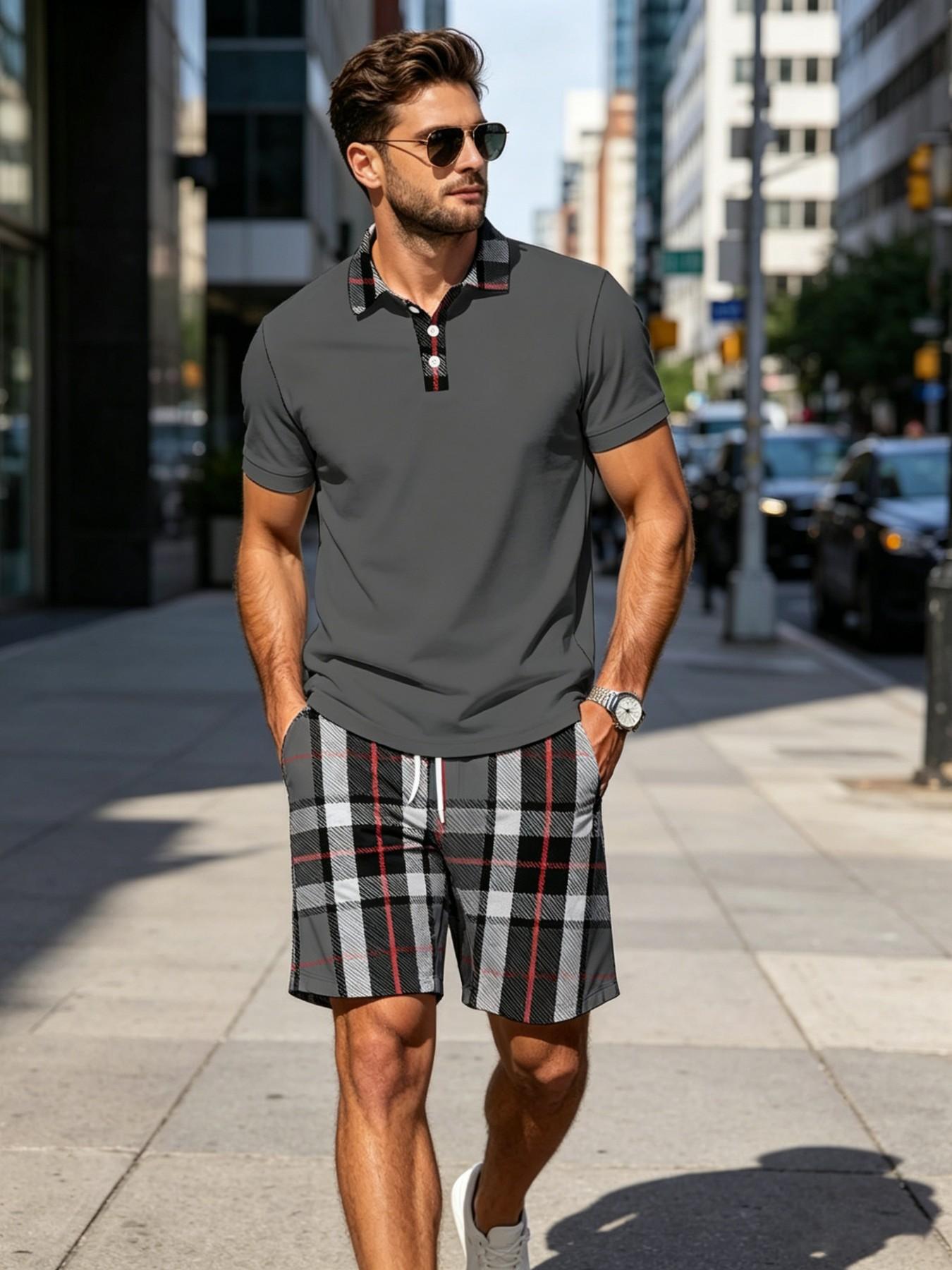 Summer Men's Menswear Plaid Checked Patchwork Set, Plaid Collar Polo Shirt + Plaid Shorts, Casual Two-Piece, Pocket, Drawstring Waist, Gift Idea Summer Men's Menswear Plaid Checked Patchwork Set, Plaid Collar Polo Shirt + Plaid Shorts, Casual Two-Piece, Pocket, Drawstring Waist, Gift Idea