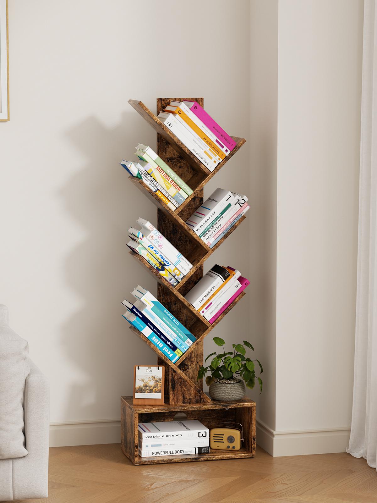 Flycity Bookshelf with Drawer,6 Tiers Tree Bookshelf, Modern Book Storage Organizer,Free Standing Tree Bookcase, Utility Organizer Shelves for Home,Office,Living Room,Bedroom Corner Computer Desk Adjustable Height Desk