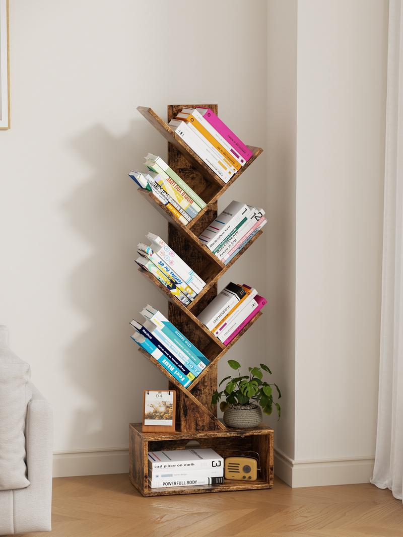 Flycity Bookshelf with Drawer,6 Tiers Tree Bookshelf, Modern Book Storage Organizer,Free Standing Tree Bookcase, Utility Organizer Shelves for Home,Office,Living Room,Bedroom Corner Computer Desk Adjustable Height Desk