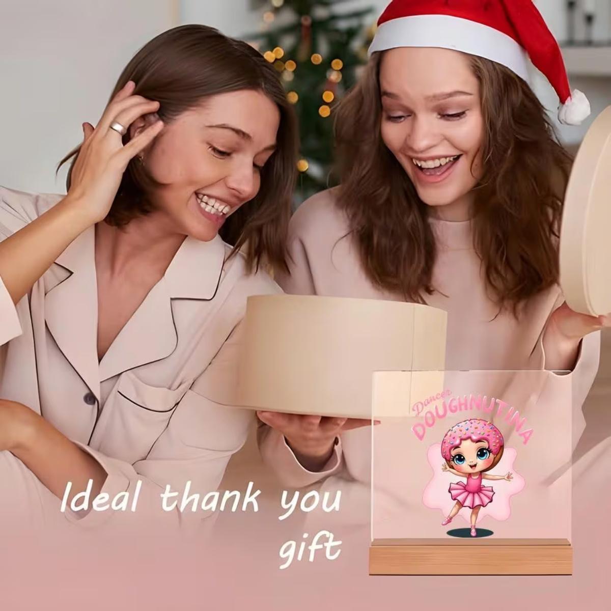 Ballerina Donut Centerpiece with Sprinkles - Kawaii Pink Tutu & Big Blue Eyes Clear Acrylic Display Stand Base, Ballet-Themed Desktop Ornament Suitable for, Gift for Ballet Dancers, Donut Lovers, or Office Decoration