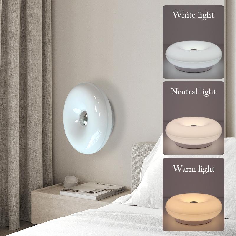 Modern Minimalist Donut Table Lamp, Rechargeable Three-Tone Dimmable RGB Wall Light, Bedroom Bedside Desk Hallway Ambiance Nightlight