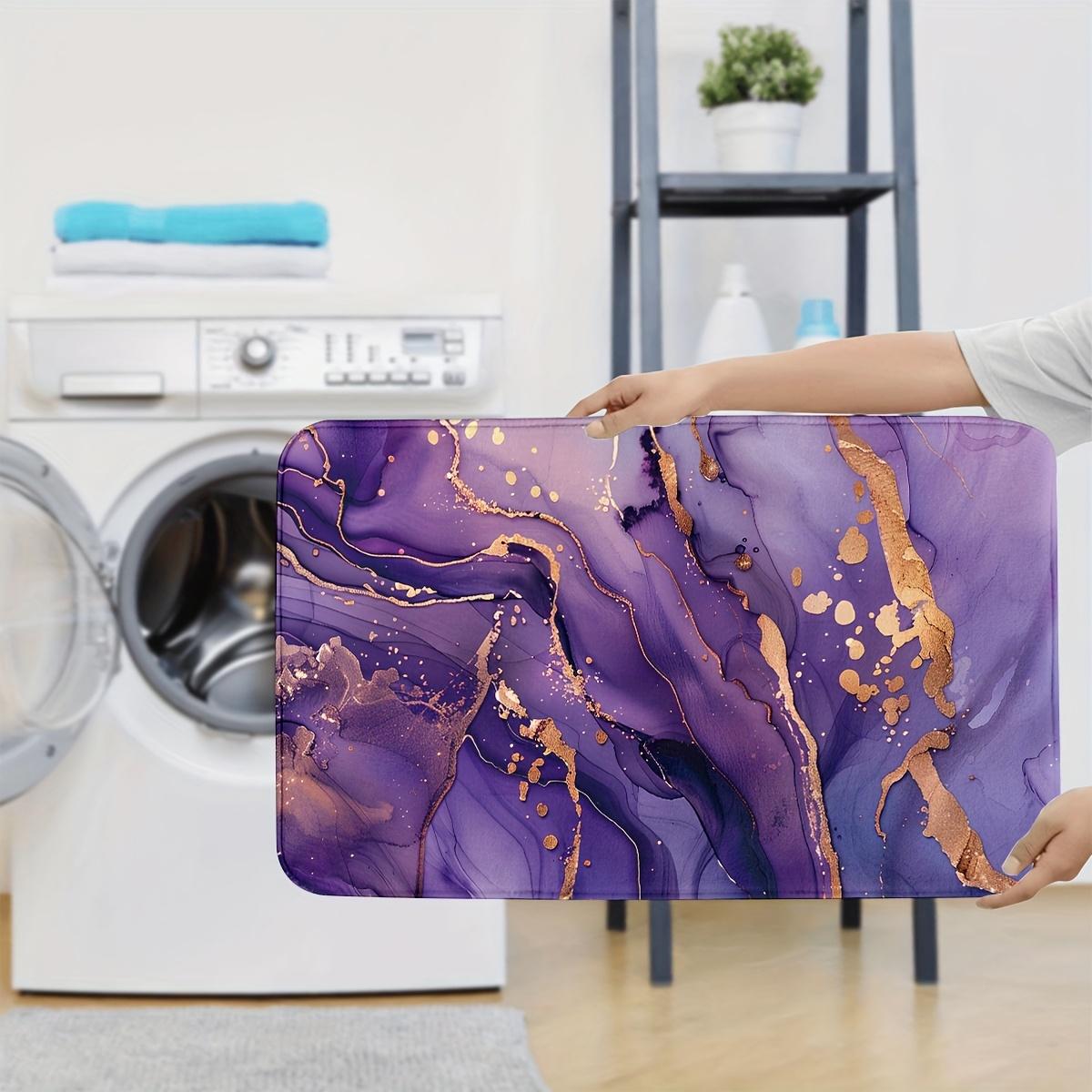 3pcs Purple Marble & Golden Flannel Bathroom Mat Set - Non-Slip, Soft, 100% Polyester, Modern Design - Includes U-Shaped Toilet Mat, Toilet Lid Cover & Rectangular Rug - Stylish Home Decor Accessories, Bathroom Deco