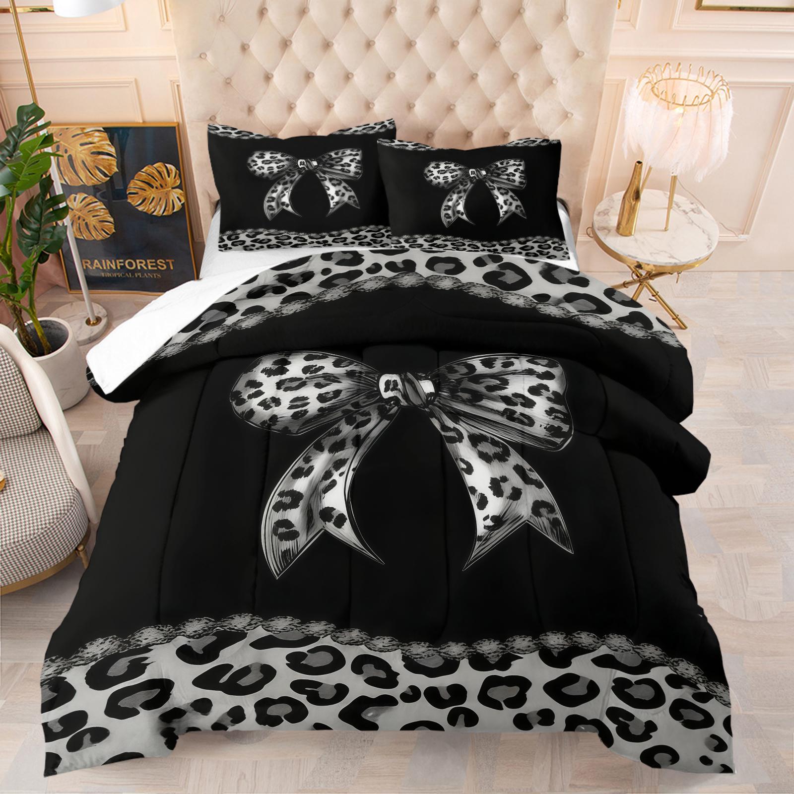 Leopard Print Bow Pattern Comforter Set, Soft And Durable Bedding Set, Including 1 Comforter And 1 Or 2 Pillowcases, Suitable For Children And Adults Daily Holiday Birthday Gifts Bedroom Decorations, Soft Bedding Sets