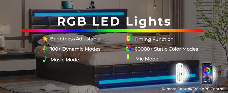 Sikaic Queen Size Faux Leather Platform Bed Frame with Storage Drawers, LED Bed Frame with Charging Station, Black Adjustable Headboard Sikaic Queen Size Faux Leather Platform Bed Frame with Storage Drawers, LED Bed Frame with Charging Station, Black Adjustable Headboard