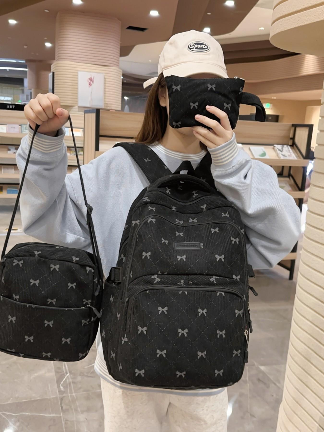 2026 New College Style Cute Bow Corduroy Backpack Shoulder Bag, Versatile Crossbody Small Bag, Multiple Colors Available, Three-Piece Set