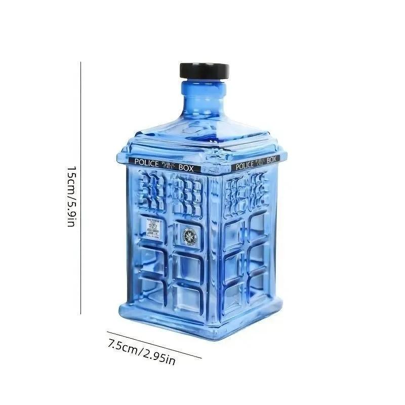 Police Box Shaped Whiskey Decanter, Handcrafted Blue Glass Liquor Bottle, Perfect Gift for Men, Home Bar Decor, Collectible Display
