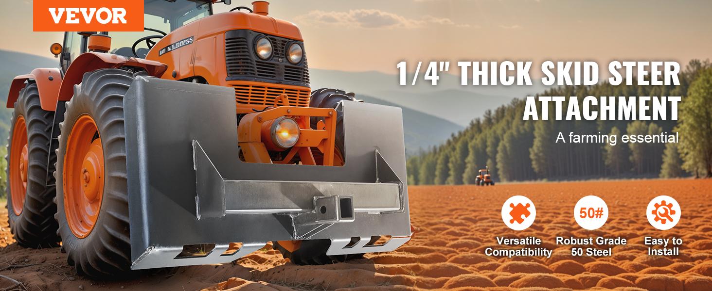 VEVOR Skid Steer Attachment Plate, 1/4 Thick Skid Steer Mount Plate with 2.28 Hitch Receiver, 3000 LBS Quick Attachment Loader Plates, Compatible with Deere, Kubota, Bobcat, Mahindra Steer, Tractor