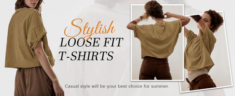 【ETCYY】Women’s 2025 Oversize Crop Tops – Minimalist Loose Fit Drop-Shoulder Tees with Batwing Sleeves, Roll Hem, Round Neck, Vintage Graphic Shirts for Yoga/Running/Gym/Summer Streetwear