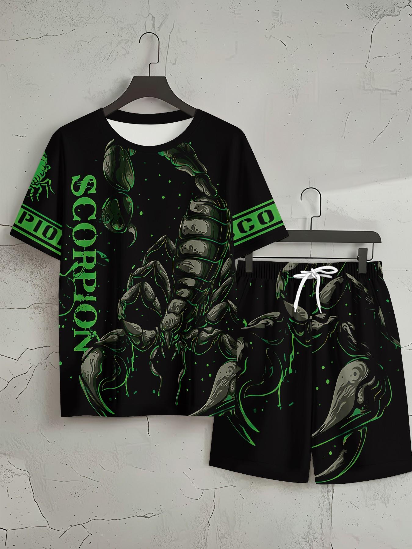 Men's 3D Digital Printed Two-piece Set with Green and Black Scorpion Ink Wash Trendy Casual Pattern, 2 Pieces, Fashion Retro Casual Outfit, Tropical Vacation-style Trendy Wear, Breathable Sports Casual Style, Ideal Holiday Gift for Men