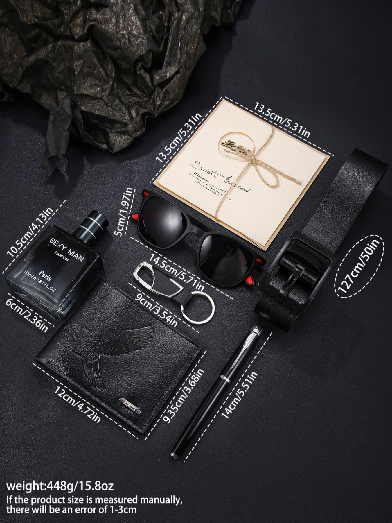 Men's Classic Belt Set, Includes Wallet, Perfume, Glasses, Pen, Keychain, Greeting Card, Perfect Gift Bundle, Surprise Gifts, Perfect Gift for Valentine's Day, Father's Day, Christmas, Party Gift, Birthday Gift