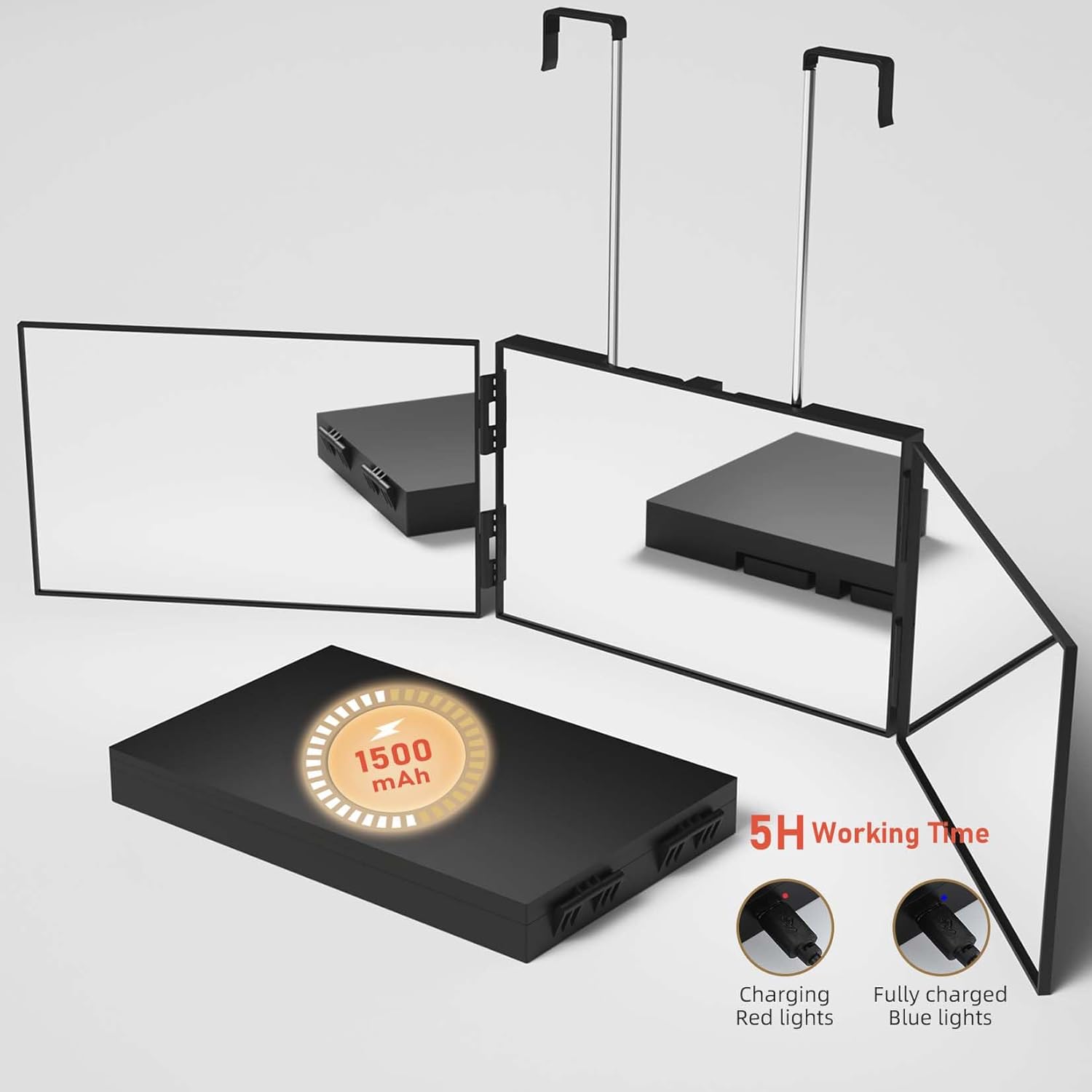 LED Makeup Mirror 3 Way Mirror for Self Hair Cutting with LED Lights Usb Charging (or without LED), Rechargeable Self Cut 360 Barber Mirror for Haircuts Door Mount