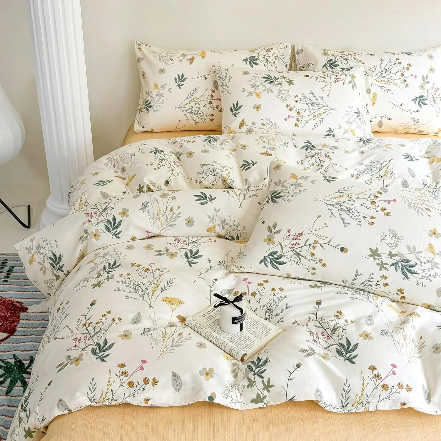 Floral Duvet Cover Twin 100% Cotton Girls Yellow Floral Botanical Coquette Bedding Comforter Cover with Zipper Chic Cottagecore Twin Bed Duvet Cover Set 3 Pieces Lightweight Breathable
