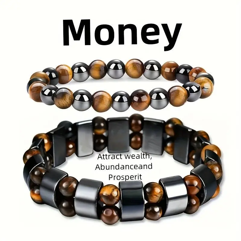 2Pcs Natural Stone Beads Double Protection Bracelets, Abundance and Prosperity Attract Wealth- Featuring Tiger Eye Stone and Selected Obsidian Handmade Bracelets, the Best Choice for Holiday Gifts Meaningful