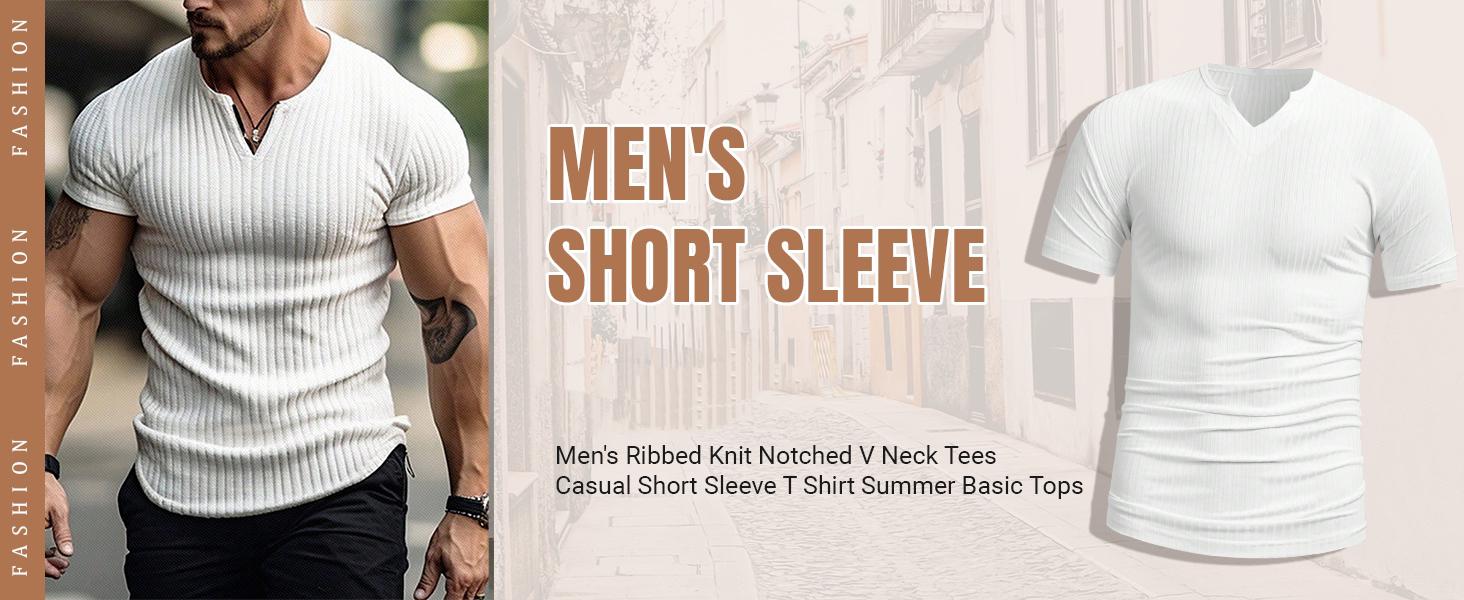 Men's Ribbed Knit Notched V Neck Tees Casual Short Sleeve T Shirt Summer Basic Tops